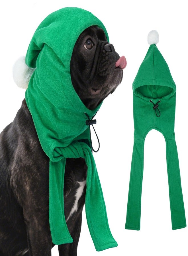 DENTRUN Dog Winter Hat with Scarf & Pom Pom - Adjustable Fleece Hood for Small Dogs, Christmas Costume, Green (S:8-10" Head Girth) - Image 1